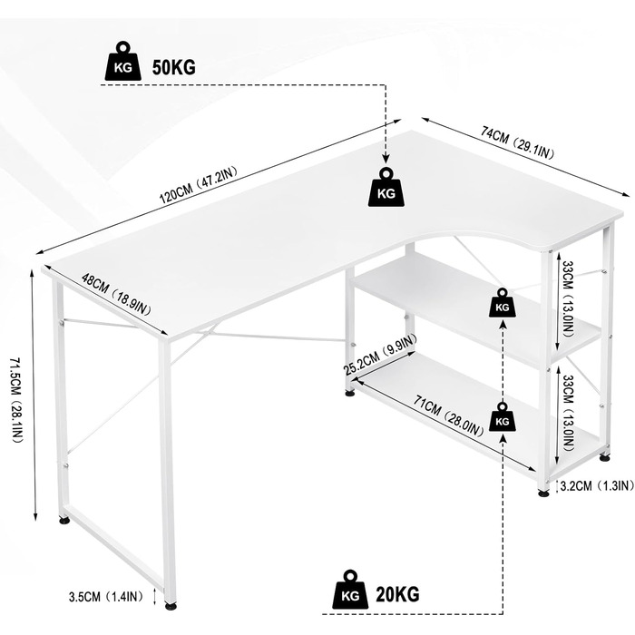 Подібний кутовий письмовий стіл з полицями, 120x71.5x74 см, білий, промисловий дизайн