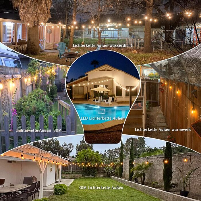 LED гірлянда 15 метрів для саду та тераси, водонепроникна IP65, 15+1 лампочки E27, тепле світло 2700K, для вечірок та свят [Енергоклас G]