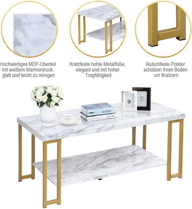 Журнальний столик COSTWAY Marble Look, журнальний столик з полицею, золотий журнальний столик, сучасний журнальний столик Стіл для вітальні (прямокутний 100x49.5x45см)