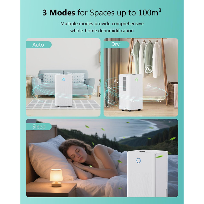 Електричний осушувач повітря 12л/день, тихий осушувач для дому, квартири, підвалу з 3 режимами, таймером 24г, автоматичною відтайкою та енергозбереженням