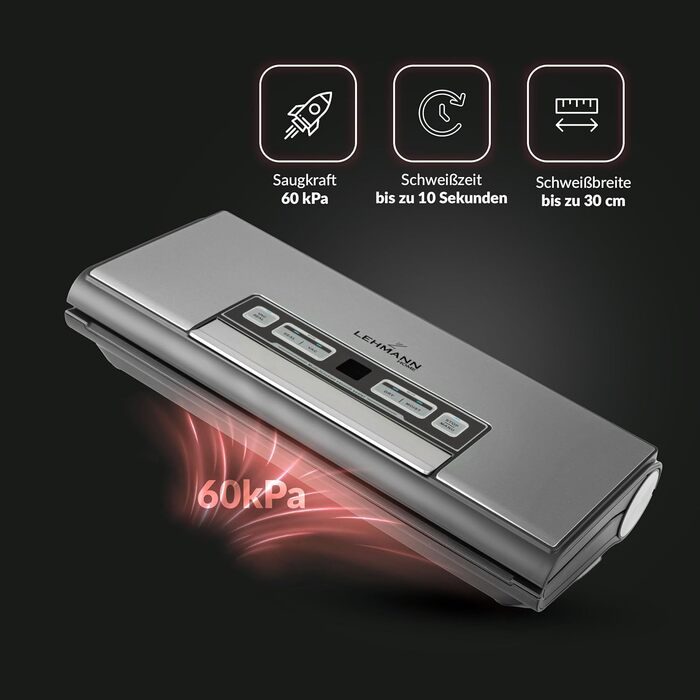 Вакууматор для продуктів LEHMANN — вакуумний пакувальник для сухих та вологих продуктів, пристрій для запаювання пакетів з шлангом для відкачування повітря, ширина шва 30 см