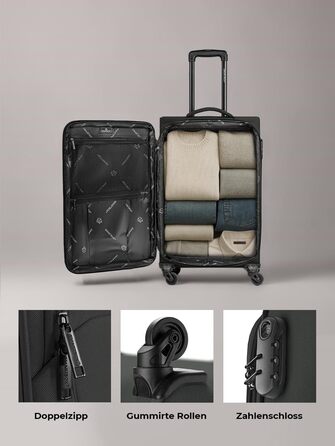Набір валізак Smartbox 3-в-1 для жінок та чоловіків | Легкі та міцні валізи-ролики, якісний softcase, 4 колеса та кодовий замок | Розширювані валізи (Edition 04) (Чорний, валіза M (67 см) з можливістю розширення)