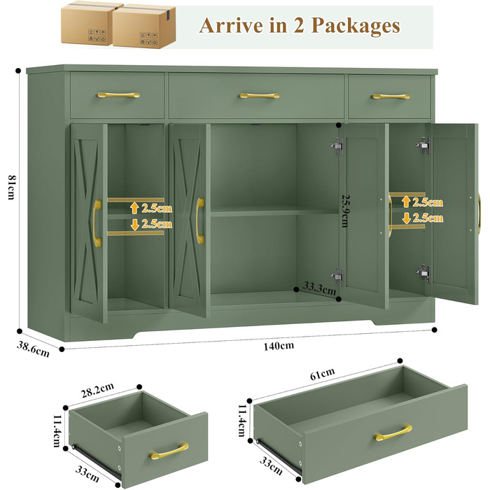 Sideboard HOCSOK 140 см: буфет з 3 ящиками, 4 дверцятами та 2 регульованими полицями, для кухні, вітальні, передпокою, білий & коричневий (зелений)