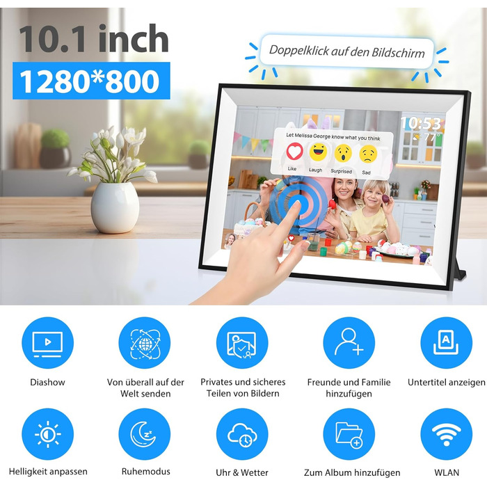 Цифрова фоторамка Frameo 10.1 дюймів WLAN, Full HD IPS сенсорний екран 1280x800, 32GB пам'ять, автоматичний поворот, можливість монтажу на стіну, керування через додаток Frameo (Чорна з білою рамкою)