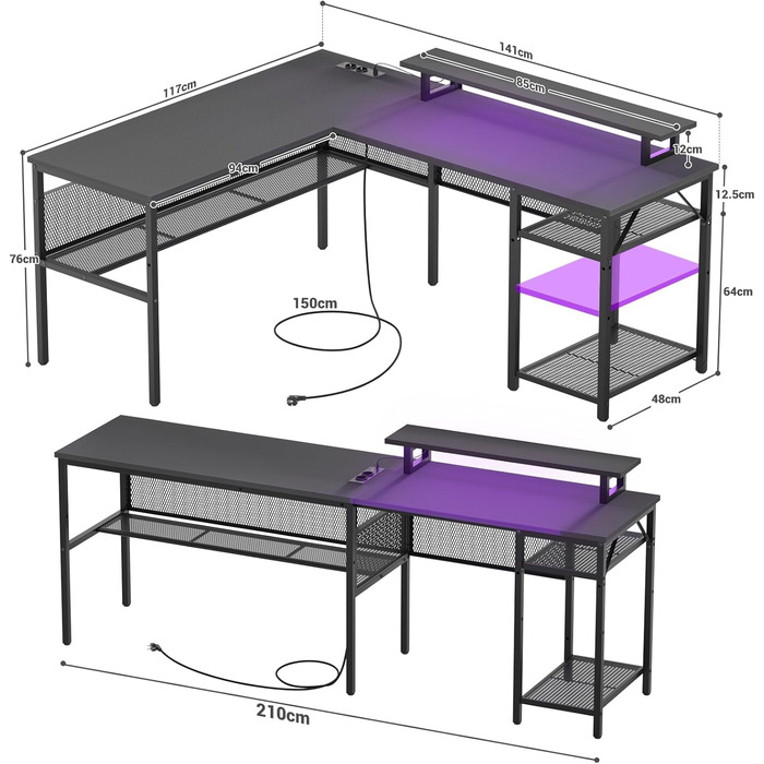 L-подібний ігровий стіл, 141x117x76 см, з полицею, для дому, офісу, навчання, ігор, чорний
