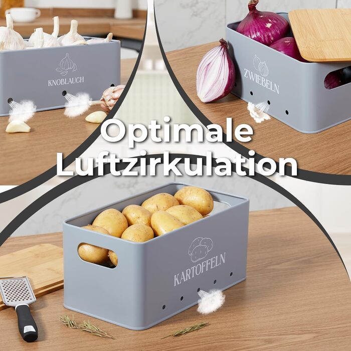 Набір контейнерів для зберігання овочів на кухні 3 шт. – для картоплі, цибулі та часнику з бамбуковими кришками – Набір для зберігання картоплі, цибулі та часнику сірого кольору