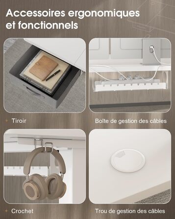 Регульований стіл Devoko з підйомною висотою, 140x80 см, з ящиками, USB-порт, органайзер для кабелів, стоячий стіл з 3 рівнями пам'яті, білий