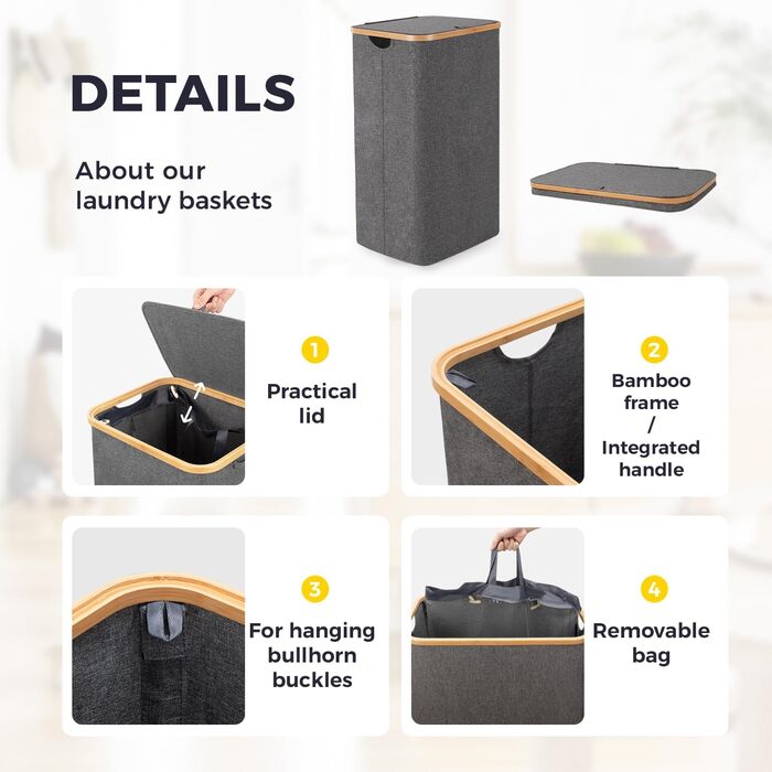 Кошик для білизни Rieeyrslza з кришкою, 158 л, бамбук, 2 мішки, Oxford, складний, сортувальник, для ковдр та одягу (сірий)