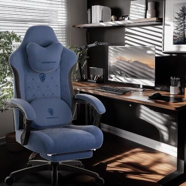 Ігровий крісло Dowinx з масажем, ергономічний дизайн, підставка для ніг, тканинний чохол, поперекова подушка, підголовник, 200 кг, блакитний