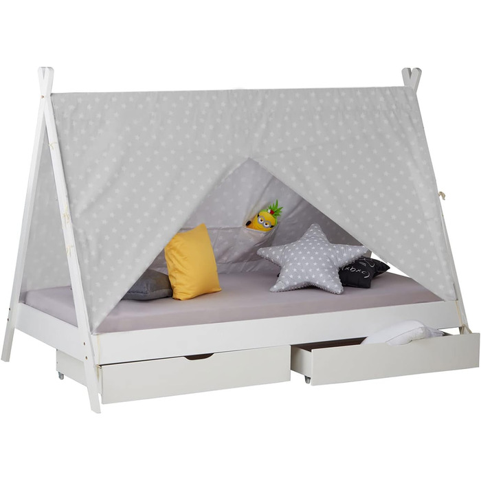 Дитяче ліжко Homestyle4u Tipi 90x200 см з ящиками, біле, з наметом, зірки, з дерева (сосна)