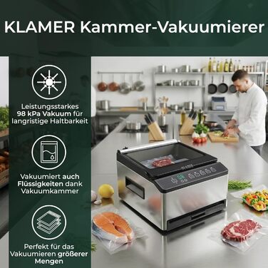 Вакууматор KLAMER Vakuumierer Pro 80 (2025) для сухих та вологих продуктів, для Sous Vide, з пакетами та шлангом