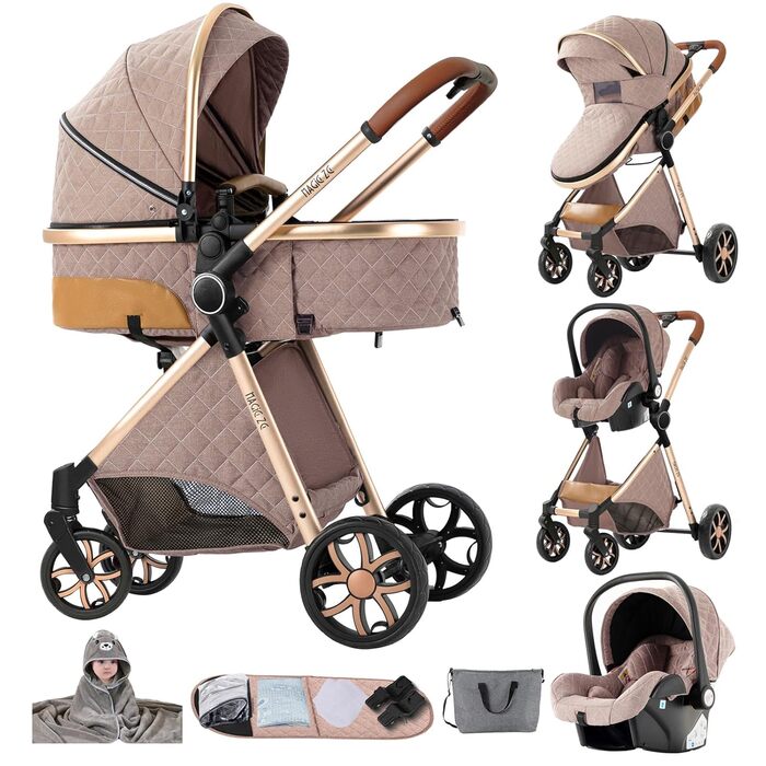 Дитяча коляска NADDLILY 3 в 1 з PU-шкіри, Buggy з регульованим сидінням, поворот на 360°, Kombikinderwagen, складна та портативна, комплект, висока позиція (906 Brown), 3 в 1 YV9 Khaki+капюшон для дитини, рушник, 3 в 1-YV9 Model+капюшон для дитини