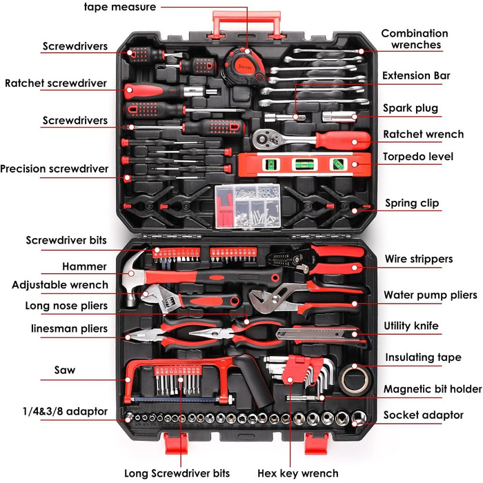 Набір інструментів TLGREEN 198 предметів у кейсі: побутовий, з тріскачкою, набором головок, викрутками – червоно-чорний