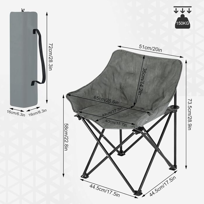 Набір з 2 кемпінгових стільців складний, складаний стілець з м'якою оббивкою, складаний стілець легкий, складаний рибальський стілець, пляжне крісло Крісло для пікніка з сумкою для перенесення, виготовлений зі штучної замші оксфордської тканини, темно-сір