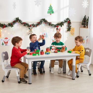 Дитячий стіл MAMIZO з 4 стільцями, регульована висота, набір для дитячої кімнати/садка, пластикові меблі, сірий, 60 x 120 см