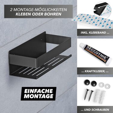 Набір душових поличок BENKSTEIN (2 шт.) | Регульована поличка для душу без свердління | Корзина для душу з кріпленням без свердління | Тримач для гелю для душу та шампуню | Організатор для ванної кімнати, поличка для душу (на клей, чорний)