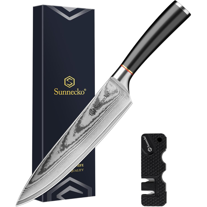 Ніж Sunnecko Дамаск 20см: професійний кухонний ніж з високоякісної сталі Дамаск, стійкий до корозії та довговічний. Ідеальний подарунок для кухарів-професіоналів та любителів.