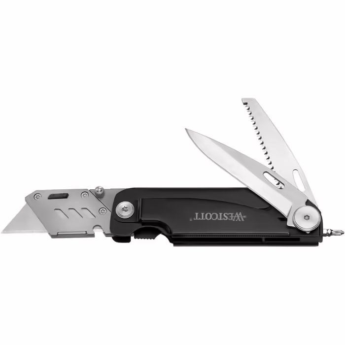 Westcott E-84034 Багатофункціональний ніж-мультитул з лезом Drop-Point 7,5 см, складаною пилкою 7,5 см, викруткою, LED-ліхтариком, лінійкою, металевою ручкою, чорний, 19 см