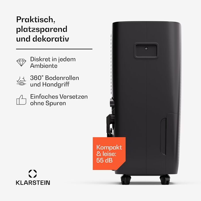 Електричний осушувач Klarstein DryFy Connect 60L з Wi-Fi, 60 л/24 год, таймер, для приміщень 45-65 м², портативний, антрацит