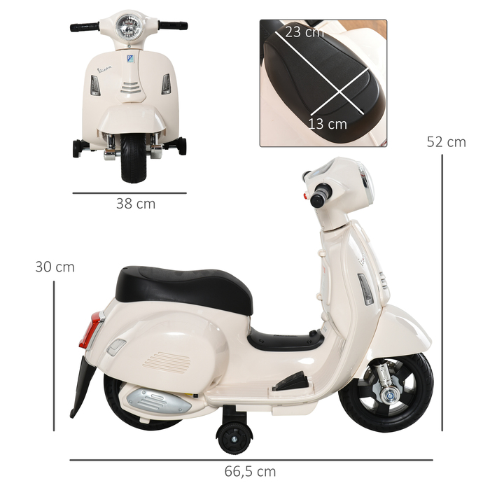 Дитячий електричний мотоцикл HOMCOM VESPA, 18-36 місяців, 3 км/год, LED світло та звук, PP пластик та метал, білий, 66.5x38x52см