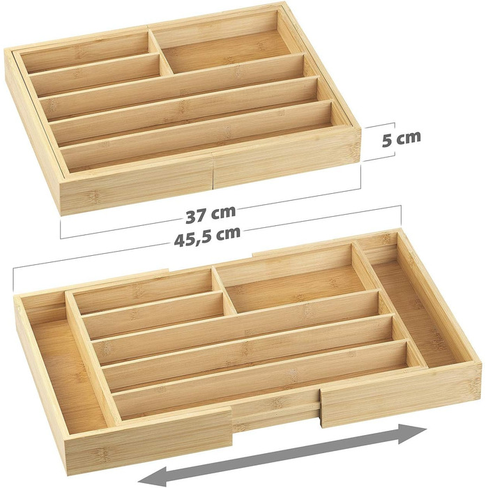 Лоток для столових приборів R&S бамбуковий, змінний, 6-8 відділень, висувний 37-45,5 см