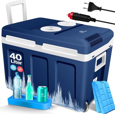 Термохолодильник KESSER® 40L на колесах | Холодильник-термос 12/230V | Охолоджує та нагріває | Для авто, човна та кемпінгу | З акумуляторами холоду та тримачами для напоїв (Темно-синій)