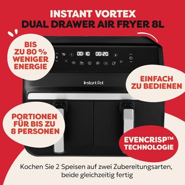 Фритюрниця повітряна Instant Pot Vortex Compact Trüffel Grau 5 л з кошиком, сімейна, 4-в-1: фритюрниця, сушарка, духовка, підігрівач, антипригарне покриття, легко чиститься, можна мити в посудомийній машині. Колір: Трюфель (8 л, Чорний)