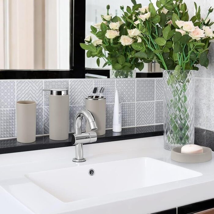 Набір аксесуарів для ванної кімнати 6tlg Badset: мильниця, стакан для зубних щіток, відро для косметики, щітка для унітазу з тримачем, мильниця, сміттєвий бак, тримач для зубних щіток, повна ванна кімнатна гарнітура (бежевий дизайн 2a)