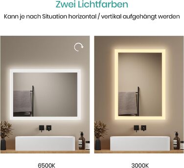 Дзеркало для ванної кімнати EMKE з підсвічуванням 120x60 см, тепле біле світло 3000K, вимикач, антизапар, 2 кольори світла, матовий бордюр