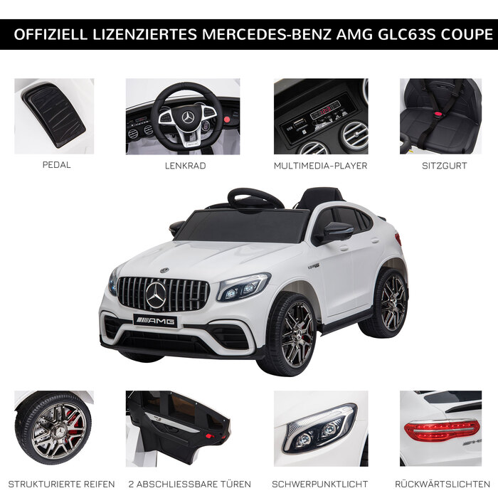 Дитячий електромобіль HOMCOM Mercedes-Benz AMG GLC63S COUPE, ліцензована модель, 12V, з пультом дистанційного керування, ременем безпеки, 2 x 35W двигуни, MP337-60, білий, розміри: 115 x 70 x 55 см. (Для дітей віком 6-12 років)