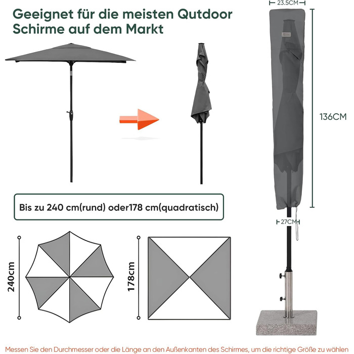 Захисний чохол для парасольки/маркізи Sekey, 260x65 см, сірий (136 x 23,5/27 см)
