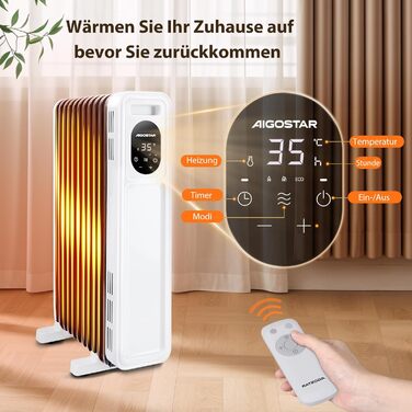 Електричний масляний радіатор Aigostar Cozy 2300W з пультом дистанційного керування, 11 ребер, термостат, 3 режими, таймер 24г, LED-дисплей, захист від перекидання та перегріву, мобільний обігрівач для кімнати