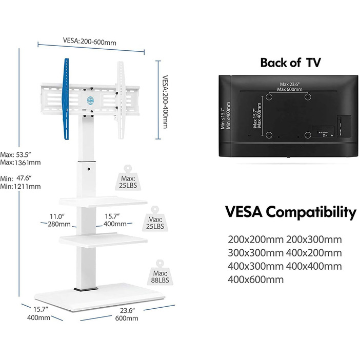 Тумба під телевізор FITUEYES біла серія-S 32-65 дюймів, 40 кг, 3 полиці, регульована по висоті, поворотна, з можливістю нахилу