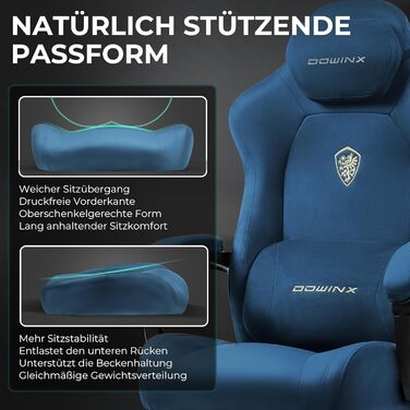 Ігровий крісло Dowinx з масажем попереку, регульованою підголівником, потовщеним сидінням, висувною підніжкою, регульованими підлокітниками, мікрофіброю велюром, нахилом 160°, блакитний колір