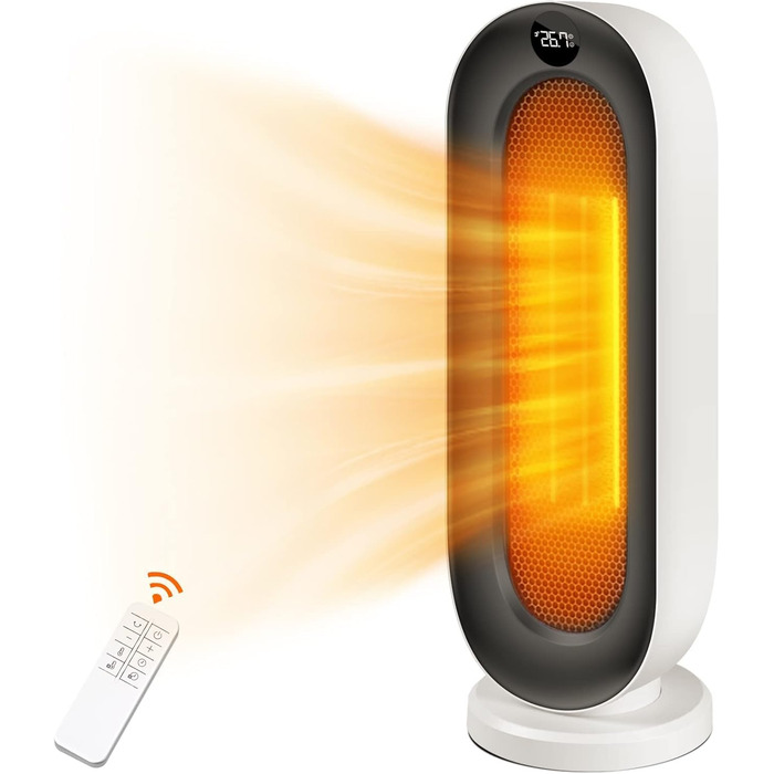 Електричний обігрівач Nictemaw 2000W з керамічним нагрівачем, 3 режими, захист від перекидання, таймер 12 год, осциляція 100°, пульт ДУ, для дому та офісу, білий