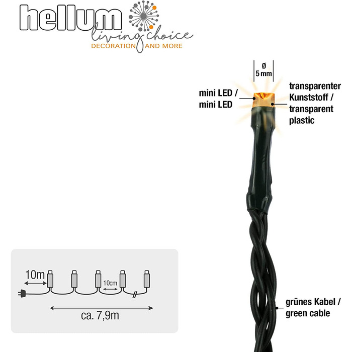 Світлодіодна гірлянда HELLUM зовнішня з таймером I 19,9 М 200 світлодіодів I тепла Біла гірлянда I Світлодіодна гірлянда з живленням від вилки I освітлення різдвяної ялинки з зеленим кабелем I 577389 (класичний теплий білий світ / зелений кабель, 80 світл