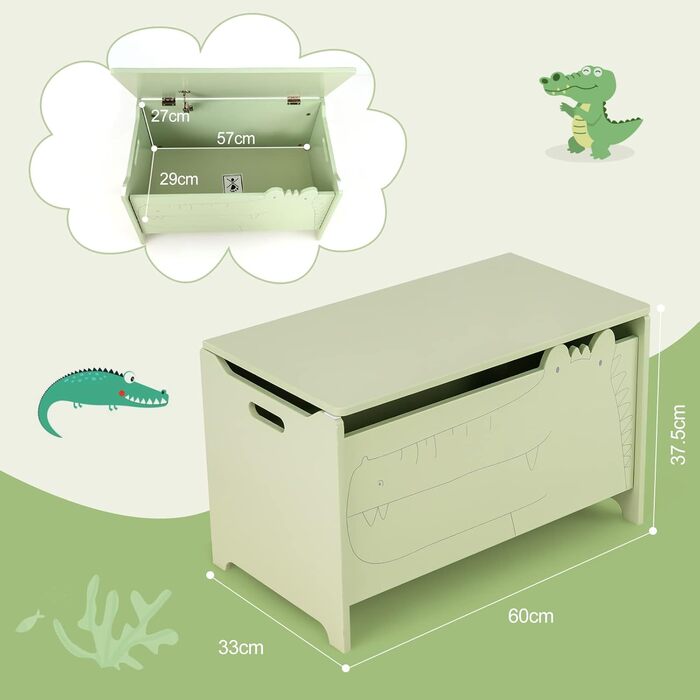 Дерев'яна іграшкова скриня DREAMADE, 60x33x37,5 см, стільчик для дитини, ящик для іграшок з кришкою, дитяча скриня, органайзер для дитячої кімнати (зелений)