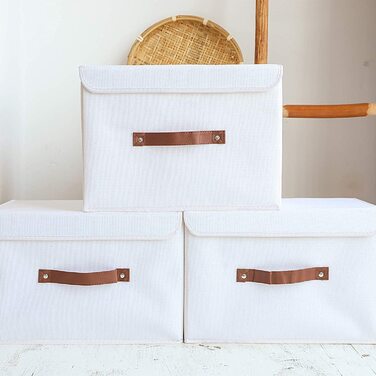 Коробка для зберігання Yawinhe з 3 предметів з кришкою, складна кошик для зберігання одягу з лляної тканини для рушників, книг, іграшок, одягу (38x25x25 см, білого кольору)