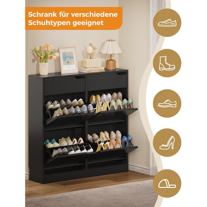 Шкаф для взуття IRONCK з 4 дверцятами, вузький, з 2 висувними ящиками, окремо стоячий, з регульованими перегородками, для передпокою, входу та вітальні (Білий) Білий (100x23.5x98см, Чорний)