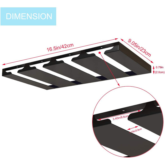 Тримач для келихів SIMVE під шафу, 41.9 см, нержавіюча сталь, для винних келихів, настінний, органайзер, чорний, 4 ряди