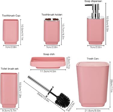 Розкішний набір аксесуарів для ванної кімнати відро для сміття, щітка для унітазу, тримач, кружка, мильниця, рожевий, 6 шт.