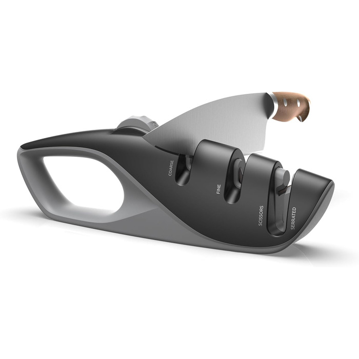 Професійний ручний точило для ножів з 5 кутами, дизайн UK, 3-ступеневе точіння роликами, для кухонних, хвилястих, хлібних, кишенькових та мисливських ножів, ножиць, чорний колір, 26 см