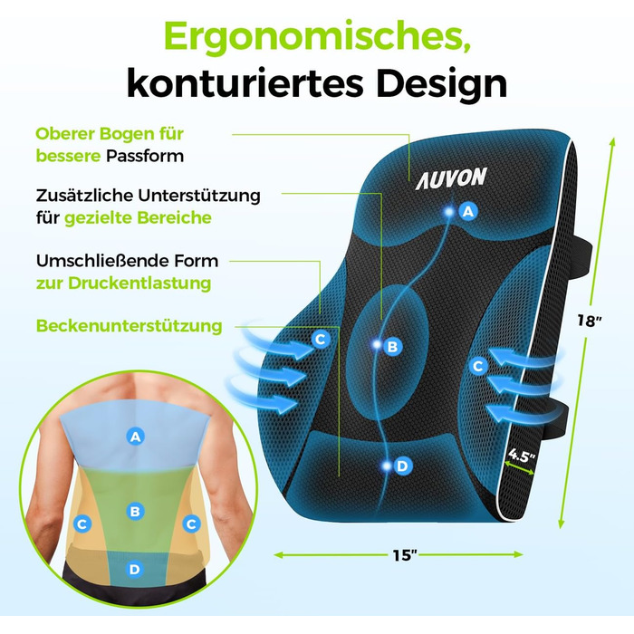 Подушка для попереку AUVON для автомобіля та офісного крісла, підтримка поперекового відділу, покращення постави, піна з пам'яті