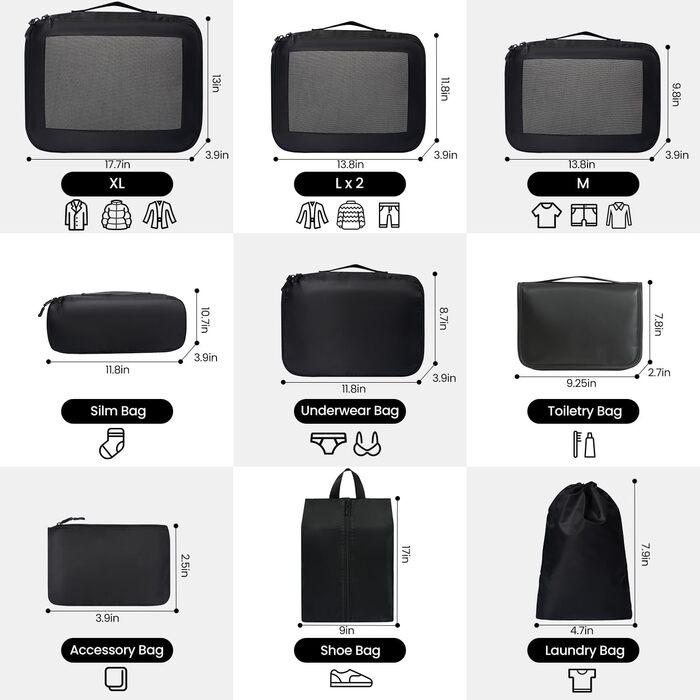 Набір органайзерів для одягу в дорогу Packing Cubes для валізи, 10 шт, легкі дорожні органайзери для подорожей, чорні