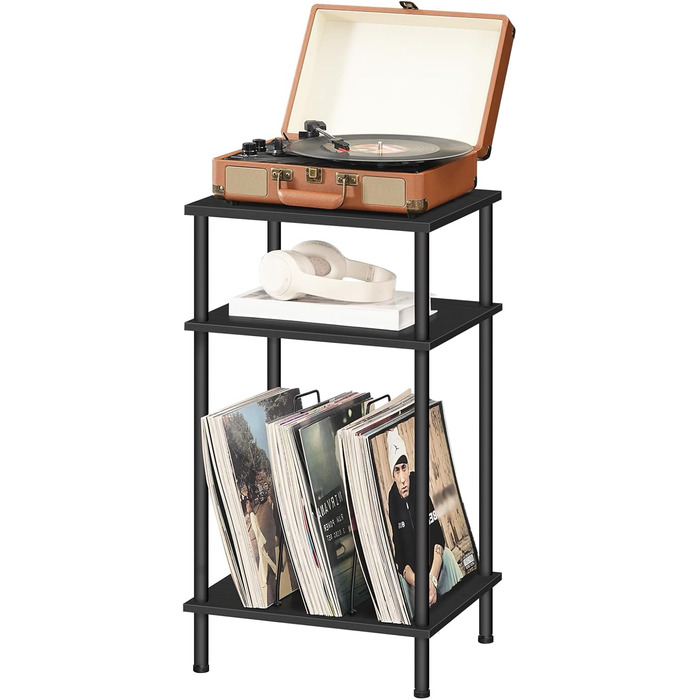 HOOBRO Підставка для програвача, 3-рівнева, приставний столик, органайзер для платівок, CD та альбомів, вінтажний коричневий та чорний (Чорний)