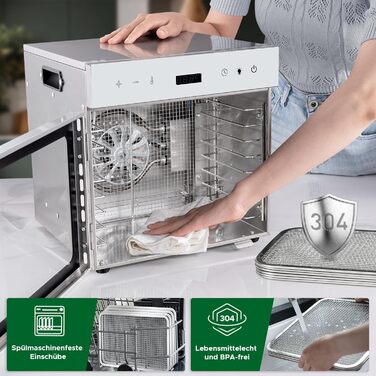 Електросушарка для овочів, м'яса та фруктів Kwasyo з нержавіючої сталі, 8 ярусів, 6 листів для сушіння, рецепти, без BPA, 30–90°C, до 24 год