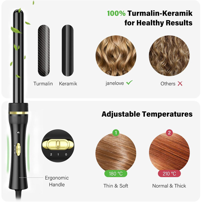 Набір локшини Janelove 5 в 1: керамічний локшик 10-32 мм з різними насадками, регульована температура, рукавички та нейлонова сумка (рожеве золото)