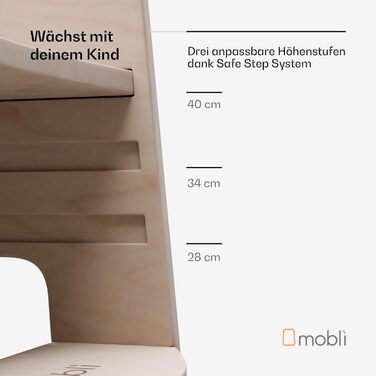 Стілець-лесенка Montessori Mobli для малюків: регульовані сходинки для незалежності та безпеки. Білий (шпон, дерев'яний малюнок)