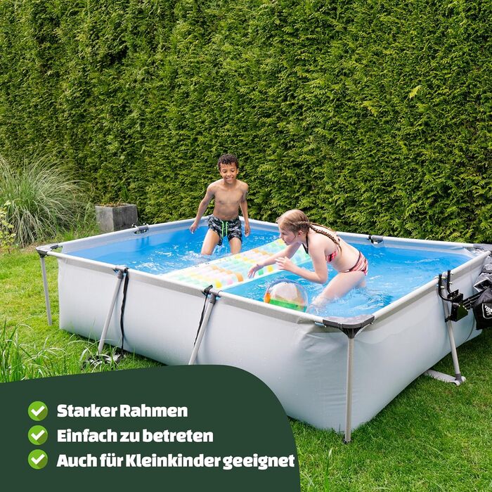 Дерев'яний басейн EXIT Toys - 220x150x65см - Прямокутний, компактний каркасний басейн з картриджним фільтруючим насосом - Легкодоступний - Підходить для малюків - Міцна рама - Унікальний дизайн - (300 x 200 x 65 см, сірий)