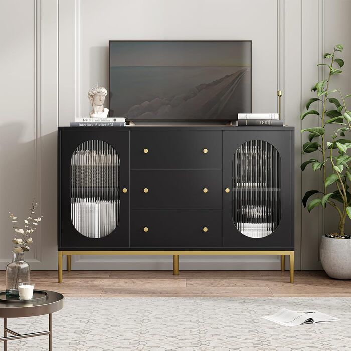 Буфет-комод FirFurd 120 см білий/чорний з робочою поверхнею та 3 ящиками | Кухонний буфет для кухні, вітальні, їдальні